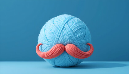 Conceptual Blue Yarn Ball with Red Moustache on Bicolored Studio Background