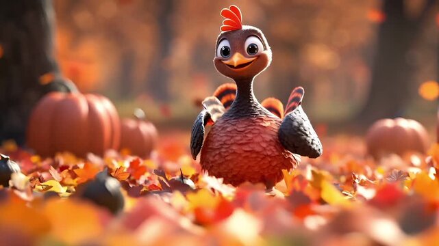 Thanksgiving holiday promotion theme. A 3D animated turkey character with a cheerful expression, standing amidst a field of autumn leaves. The turkey is brown with a red comb and wattle.