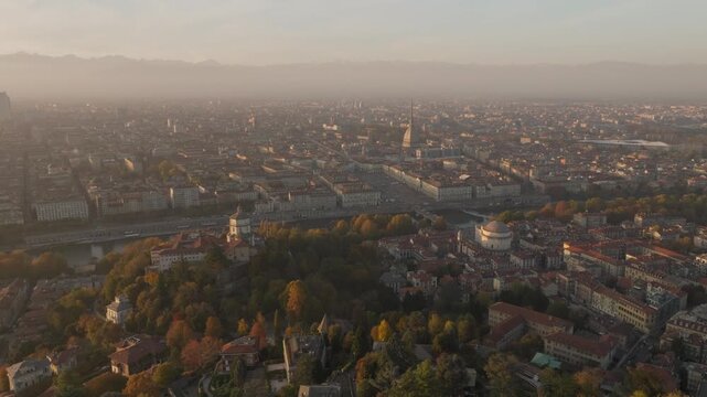 Aerial view of Monte dei Cappuccini and the cityscape, with its blend of modern and historical architecture, Turin, Piedmont, Italy.