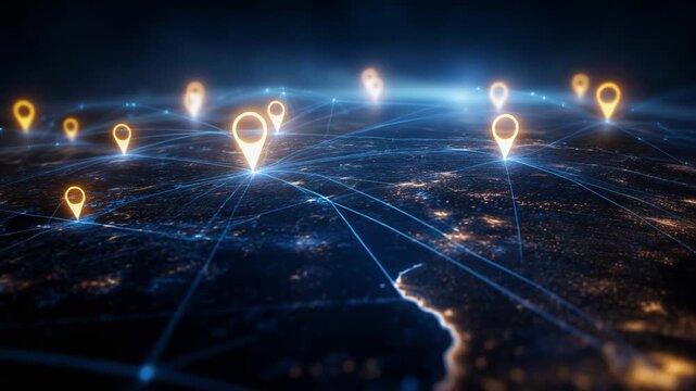 Illuminated location markers on a digital world map representing global connectivity and navigation
