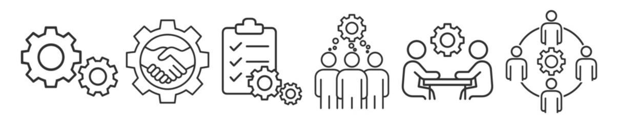 Teamwork and business process icons set, collaboration and management symbols with gears, handshake and people, outline vector illustration on transparent background