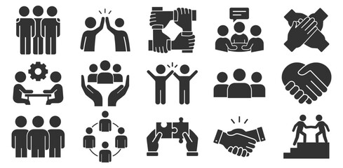 Business teamwork and management line icon set, project planning, human resources, work group, partnership, meeting, success, simple vector illustration on transparent background