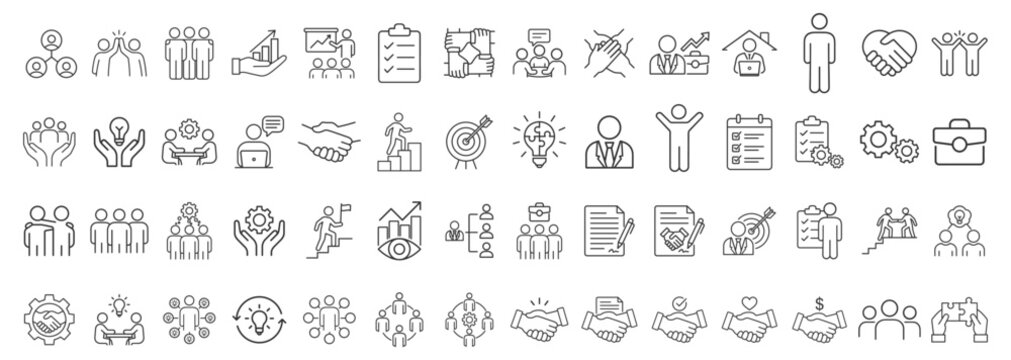 Business teamwork and management line icon set, project planning, human resources, work group, partnership, meeting, success, simple vector illustration on transparent background