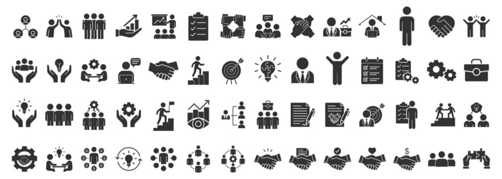 Business teamwork and management line icon set, project planning, human resources, work group, partnership, meeting, success, simple vector illustration on transparent background