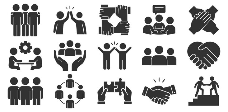 Business teamwork and management line icon set, project planning, human resources, work group, partnership, meeting, success, simple vector illustration on transparent background