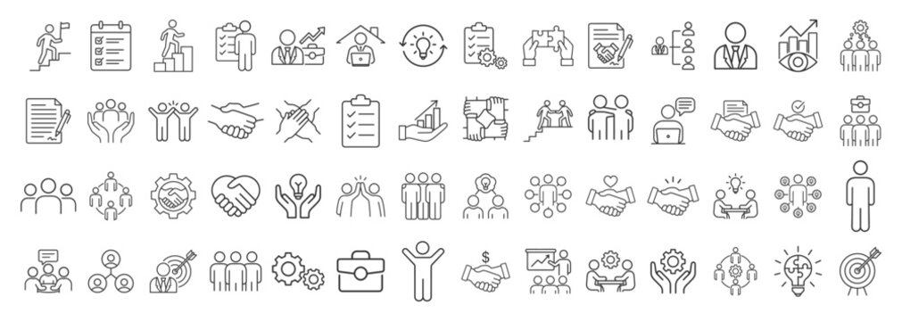 Business teamwork and collaboration icons set, people and management symbols, corporate partnership and leadership vector collection on transparent background