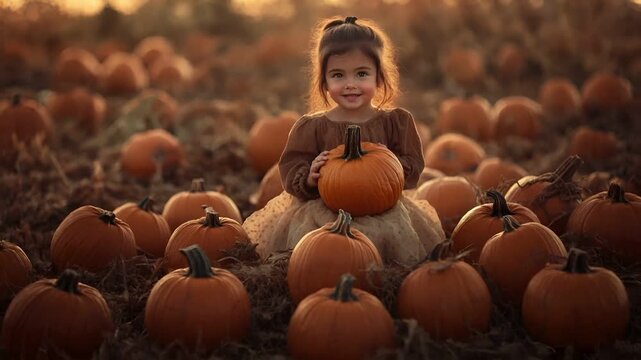A young girl in a pumpkin patch during the golden hour, with the sun casting a warm glow over the scene. The girl is dressed in a vintagestyle dress, holding a pumpkin.