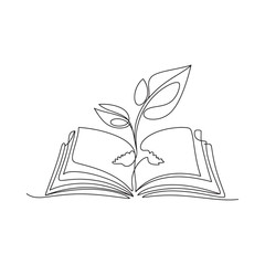 A growing plant emerges from an open book a symbol of knowledge