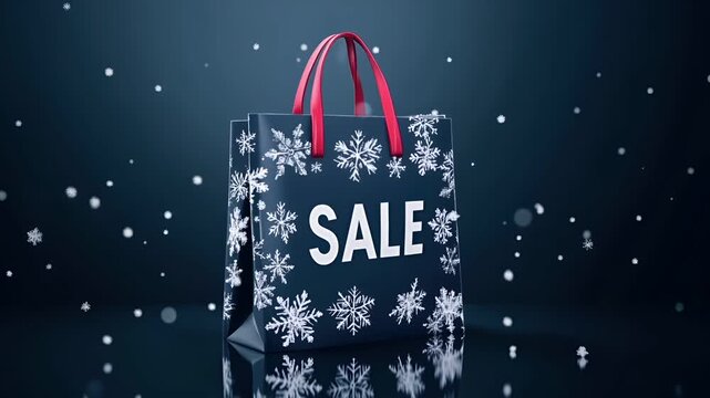 Holiday shopping season. Retail business promotion concept. A festive holiday shopping bag with snowflake patterns and the word SALE prominently displayed.