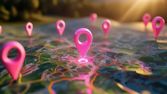 Vibrant map with pink location markers, perfect for travel and navigation themes