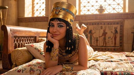 Cleopatra lying playfully in her royal chamber