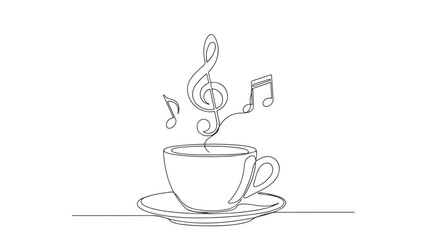 Continuous line drawing of a coffee cup with steam forming a treble clef and musical notes, symbolizing music and coffee.