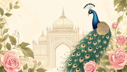 A majestic peacock displays its iridescent tail feathers in front of an ornate Indian architectural structure surrounded by pink roses and green foliage