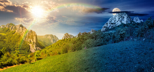 beautiful panorama of countryside in wonderful mountains. day and night time change concept. grassy meadow on the hillside and distant gorge with cliffs with sun and moon. equality and shift template