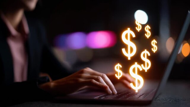 Person working on laptop with glowing dollar signs, symbolizing financial growth and online business success