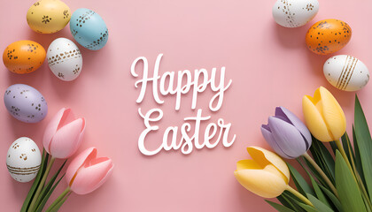 Happy Easter greeting with colorful decorated eggs and tulips on a bright pink background