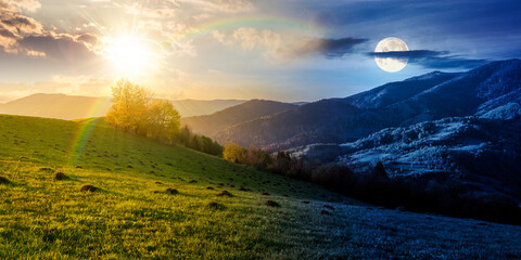 countryside scenery in mountains. day and night time change concept. beautiful landscape with meadows rolling through forested hills with sun and moon. equality and shift template for spring equinox