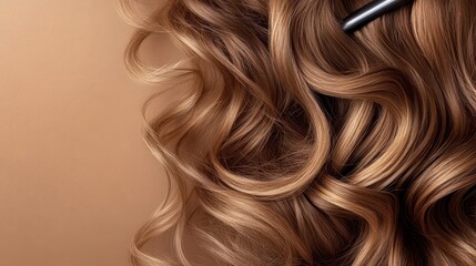Close up on luxurious wavy brown hair with blonde highlights being styled with a dark tool against a soft brown background.