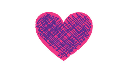 A creative illustration of a solid pink heart filled with messy, hand-drawn purple cross-hatch scribbles for a textured effect.