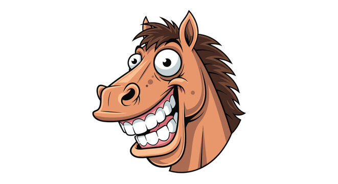 A funny cartoon horse head with a wide, toothy grin and crazy eyes, creating a silly and humorous expression for comic effect.