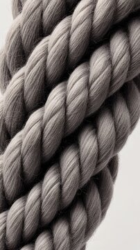 Thick grey twisted rope detail, showing woven strands and texture, against a plain background.