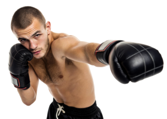 Male boxer in black gloves throwing a punch forward during a fight or training session, perfect for sports promotions and fitness content.