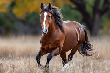 Bay Horse Running Through Autumn Field