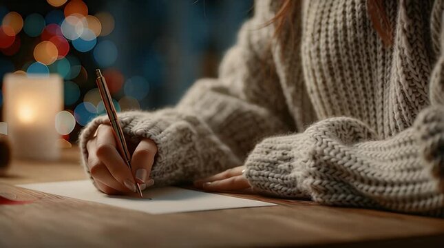 Young Woman Writing Christmas Greeting Card at Cozy Wooden Desk with Holiday Decor Video.