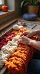 Someone is weaving a large piece of yarn on a wooden loom