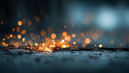 Fototapeta premium Bright orange welding sparks flying across a dark textured ground with bokeh lights fire heat