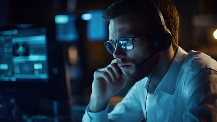 A closeup of a man in a white shirt and glasses, wearing a headset, in a dimly lit room with blue lighting. He is intently focused on something offcamera.