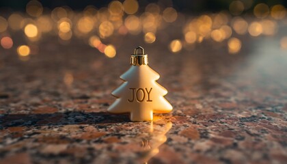Golden Christmas tree ornament with "JOY" on a reflective surface and bokeh lights, concept for holiday, happiness, and seasonal