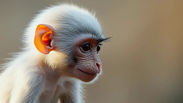 White Hanuman langur sitting on tree branch featuring 2026 color trend Cloud Dancer warm whites. Color of the Year 2026. Cloud Dancer