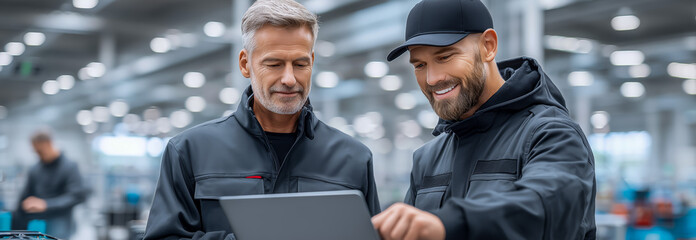 Obraz premium Two men collaborating on a laptop in modern workspace environment