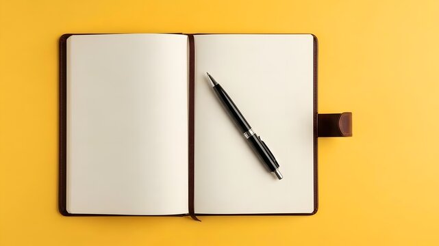 Open notebook with pen on yellow background for writing ideas.