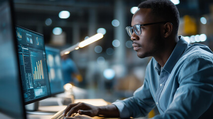 Faceless focused businessman working at computer with multiple monitors in warehouse setting, analyzing data and charts, logistics analytics work, supply chain monitoring, defocused
