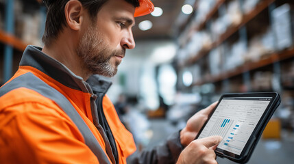 Faceless medium closeup of warehouse manager monitoring live data on touchscreen tablet, showcasing use of real-time analytics in streamlining operations, defocused professional, with copy space
