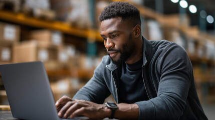 Faceless man analyzes data on computer inside warehouse surrounded by shelves stocked with cardboard boxes, inventory analytics work, logistics monitoring, defocused professional, with copy space
