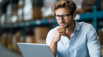 Faceless man analyzes data on computer inside warehouse surrounded by shelves stocked with cardboard boxes, inventory analytics work, logistics monitoring, defocused professional, with copy space