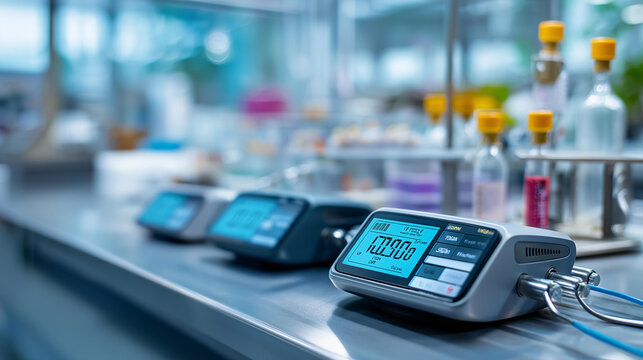 Closeup view of digital sensors and instruments monitoring temperature humidity and other environmental conditions in product testing laboratory or manufacturing facility, quality control