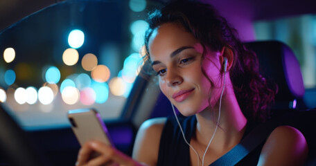 Young woman sitting in car at night using smartphone with earphones and colorful city lights in background