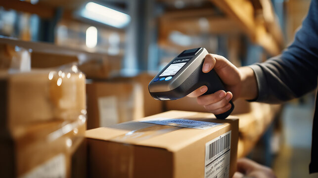 Mini wireless barcode reader reads information from QR code on box, inventory scanning technology, package identification system, warehouse tracking device, logistics automation tool, with copy