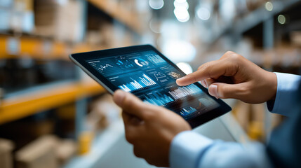 Faceless person holds tablet showing warehouse management data visualizations in busy warehouse setting, mobile logistics dashboard, inventory analytics display, defocused hands, with copy space