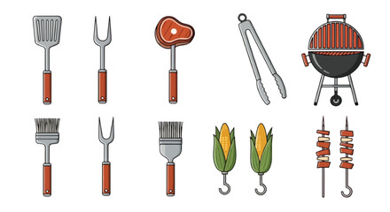 Barbecue tools and food on grill with transparent background