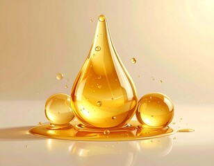 Close-up view of a large, glistening droplet of amber liquid with smaller orbs and splashes, on a smooth, reflective surface