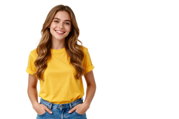 [Transparent Background PNG]Young woman wearing yellow t-shirt and blue jeans smiling