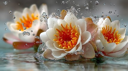 Water Splashing on White Water Lilies with Orange Centers water lily lotus