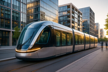 Naklejka premium Modern tram passing through urban glass buildings at sunset