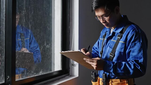Pest Control Exterminator Inspecting Window with Flashlight 4K