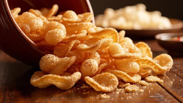 Golden Crispy Snacks Abundantly Spilling from Bowl onto Rustic Table, Ready for Delicious Snacking